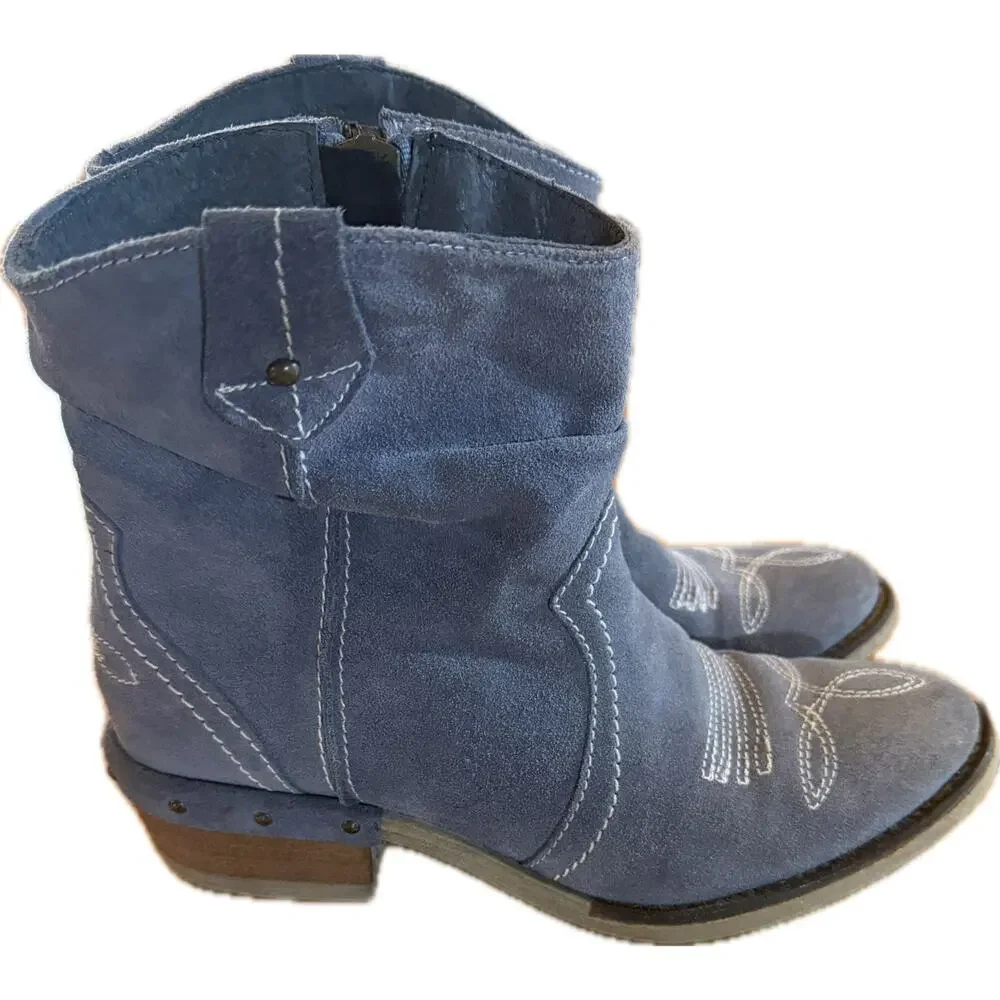 Sundance‎ Womens Western Ankle Boots Blue Suede Embroidered Side Zip 7.5